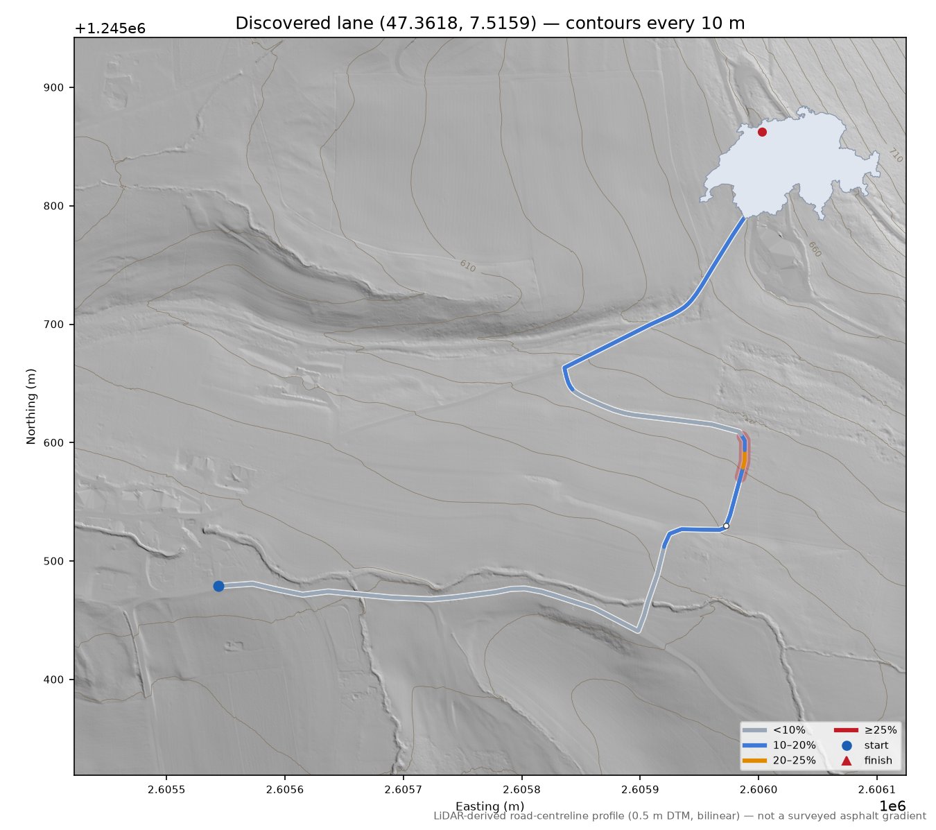 Discovered lane (47.3618, 7.5159) LiDAR hillshade map with contours