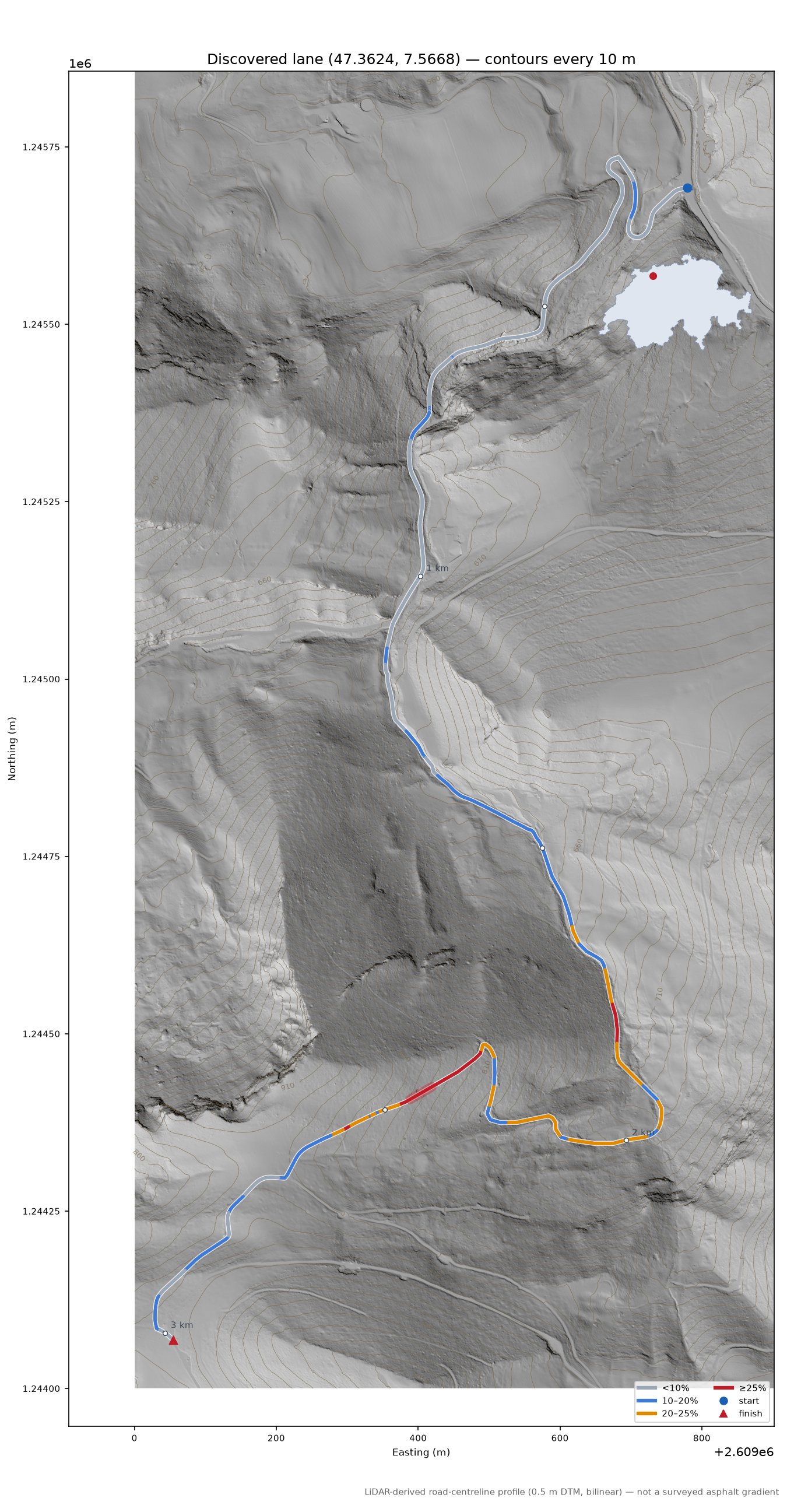 Discovered lane (47.3624, 7.5668) LiDAR hillshade map with contours