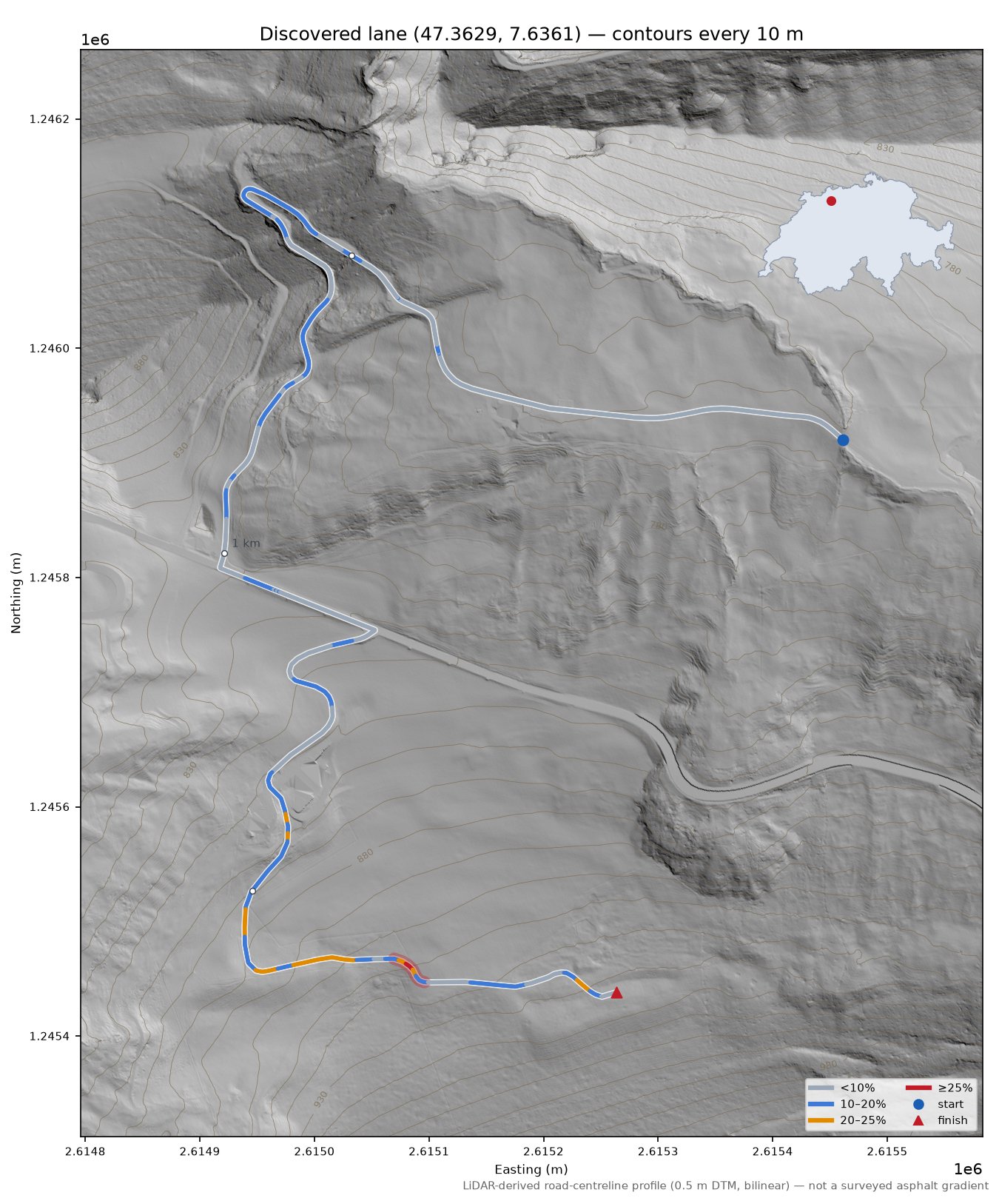 Discovered lane (47.3629, 7.6361) LiDAR hillshade map with contours