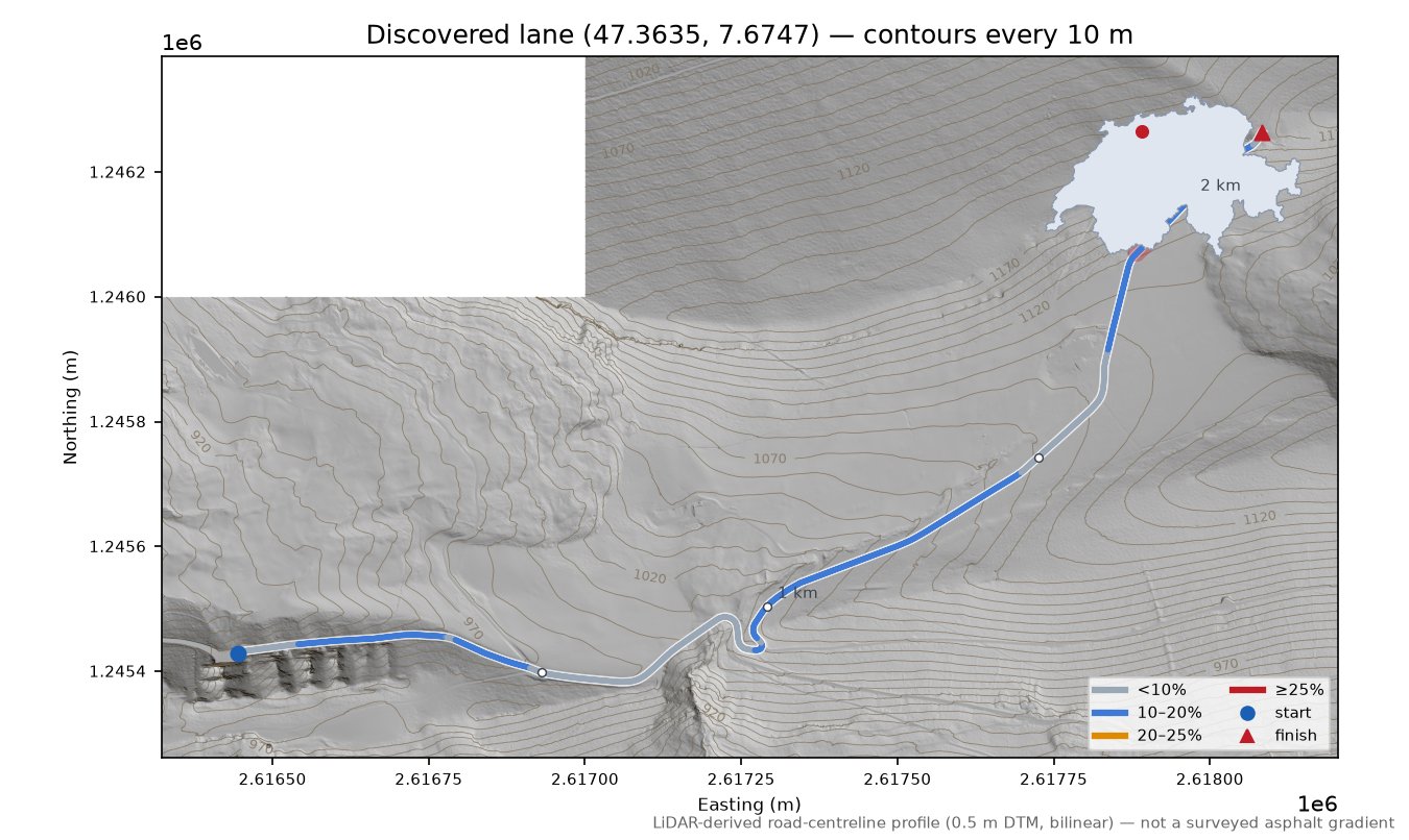Discovered lane (47.3635, 7.6747) LiDAR hillshade map with contours