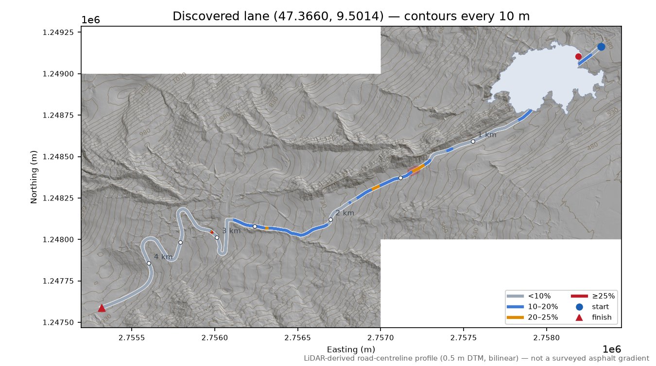 Discovered lane (47.3660, 9.5014) LiDAR hillshade map with contours
