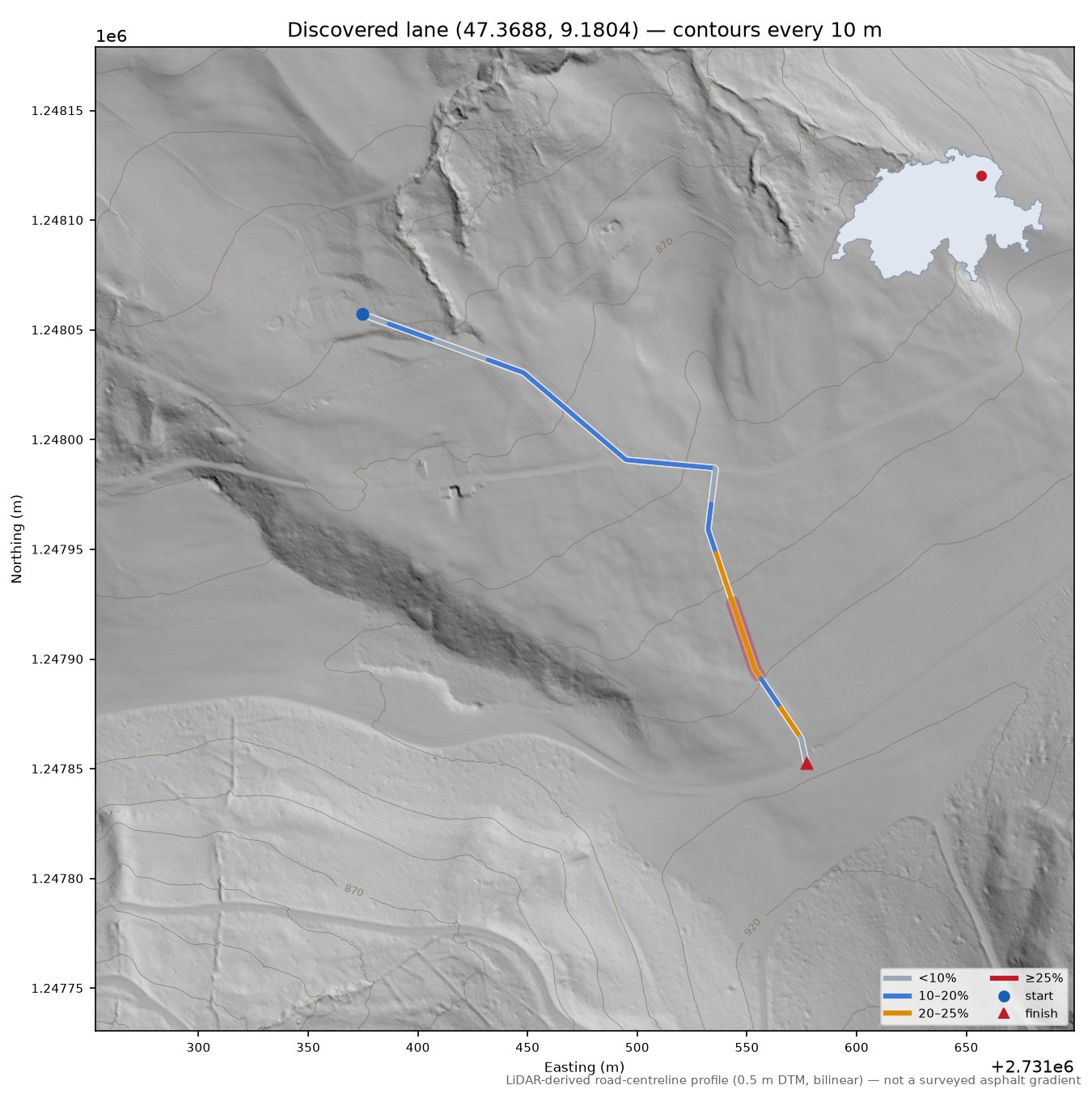 Discovered lane (47.3688, 9.1804) LiDAR hillshade map with contours