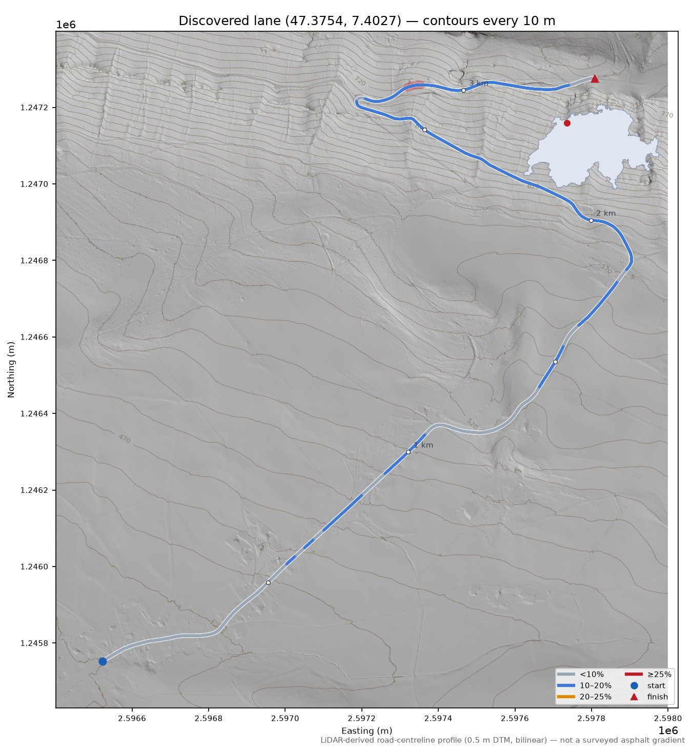 Discovered lane (47.3754, 7.4027) LiDAR hillshade map with contours