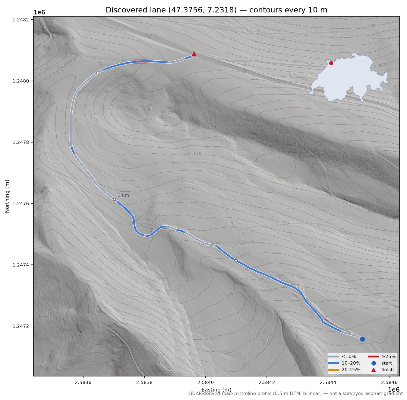 Discovered lane (47.3756, 7.2318) LiDAR hillshade map with contours