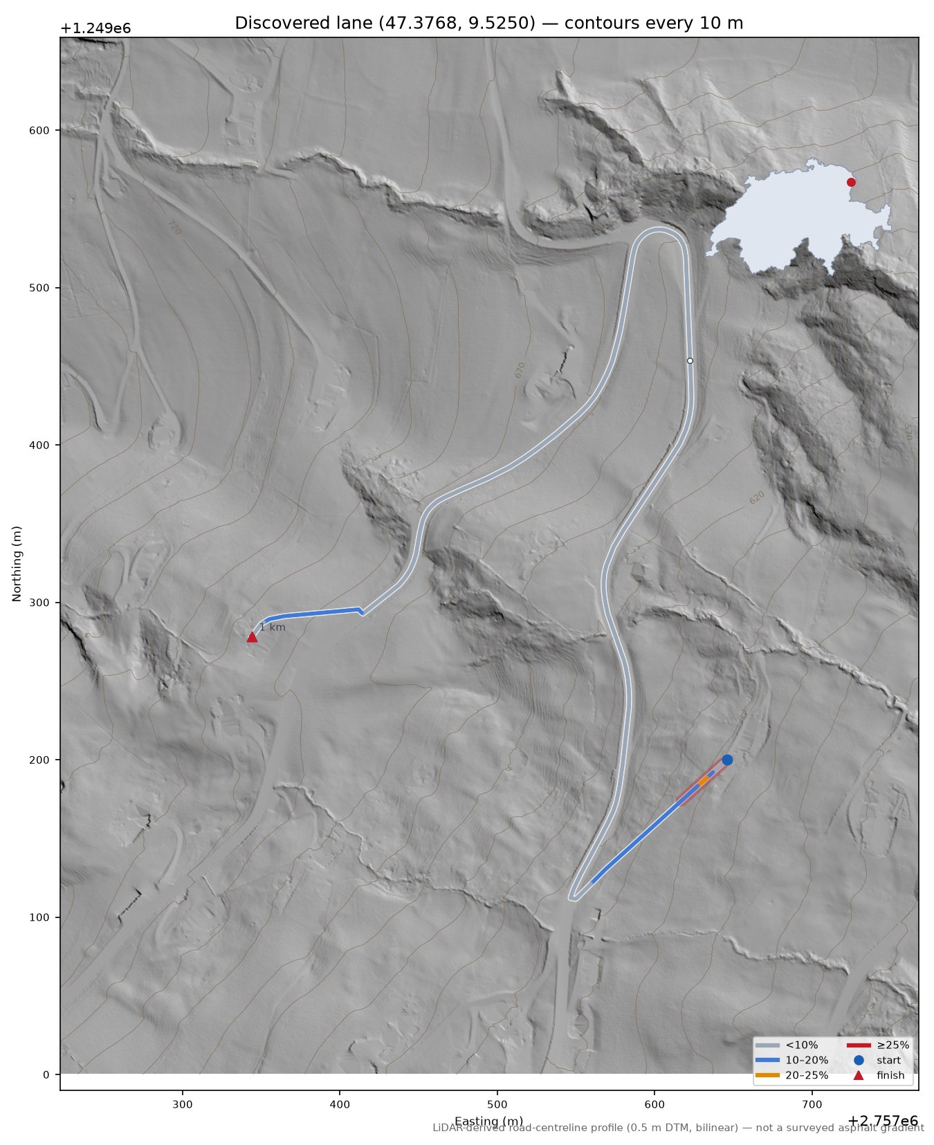 Discovered lane (47.3768, 9.5250) LiDAR hillshade map with contours