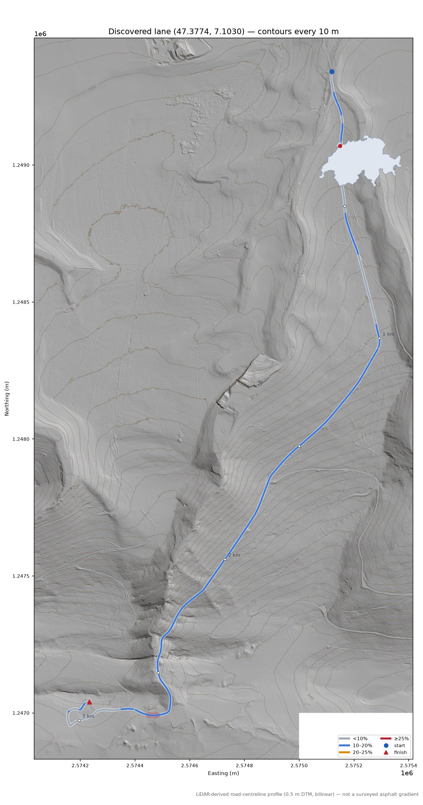Discovered lane (47.3774, 7.1030) LiDAR hillshade map with contours