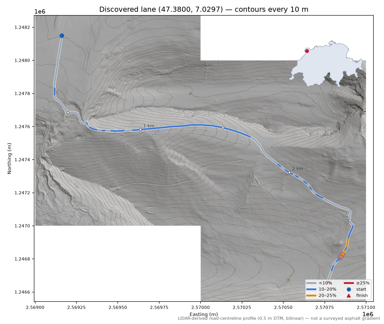 Discovered lane (47.3800, 7.0297) LiDAR hillshade map with contours