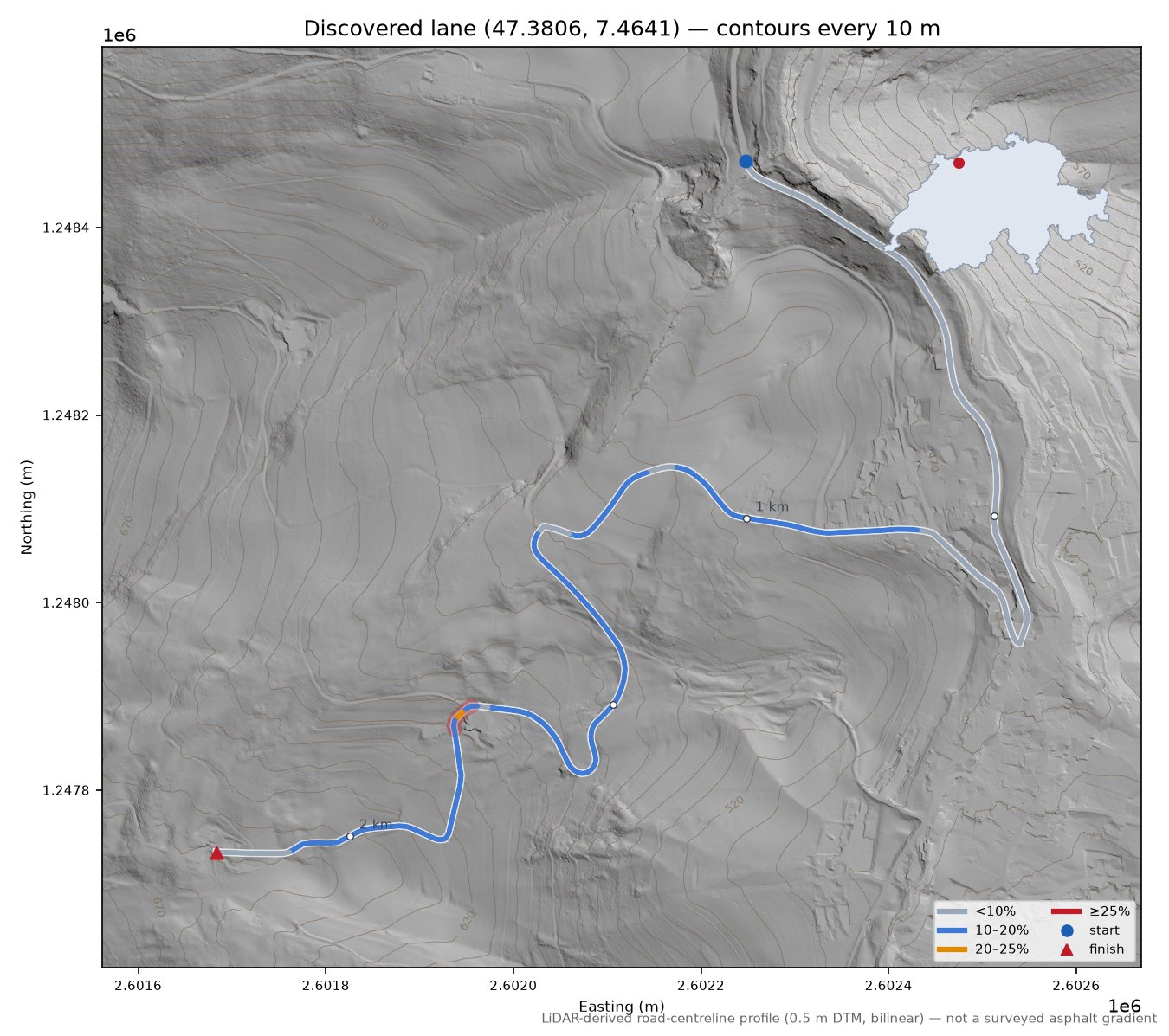 Discovered lane (47.3806, 7.4641) LiDAR hillshade map with contours