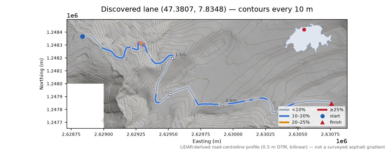 Discovered lane (47.3807, 7.8348) LiDAR hillshade map with contours