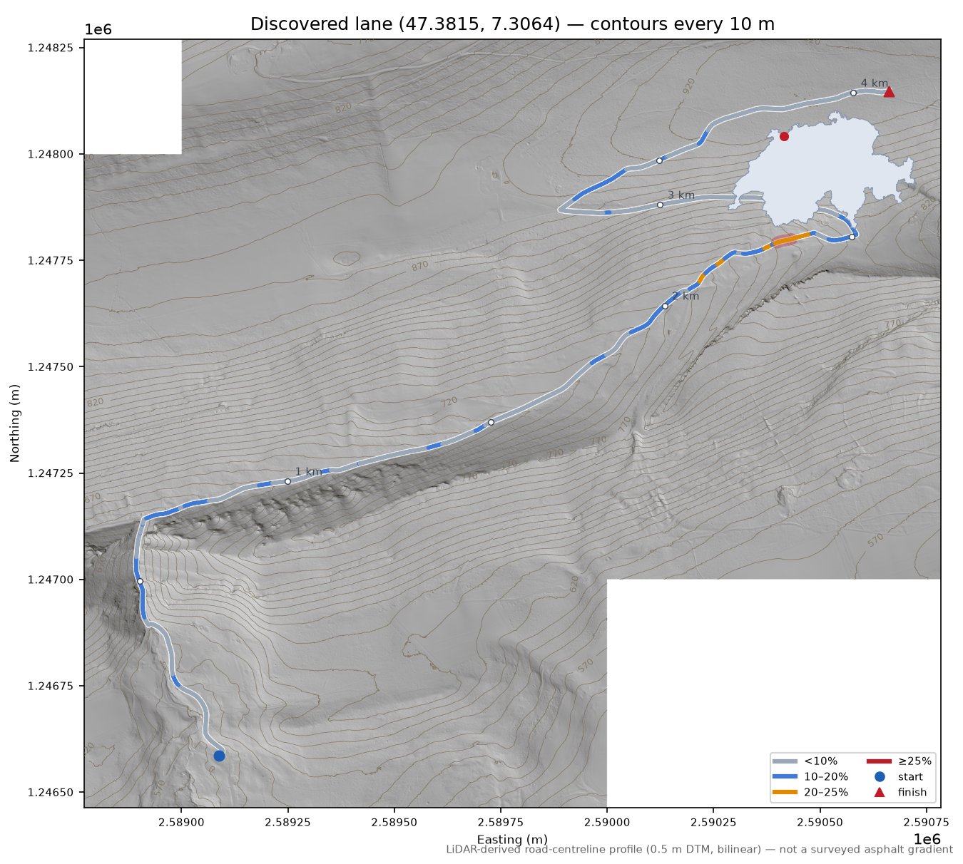 Discovered lane (47.3815, 7.3064) LiDAR hillshade map with contours