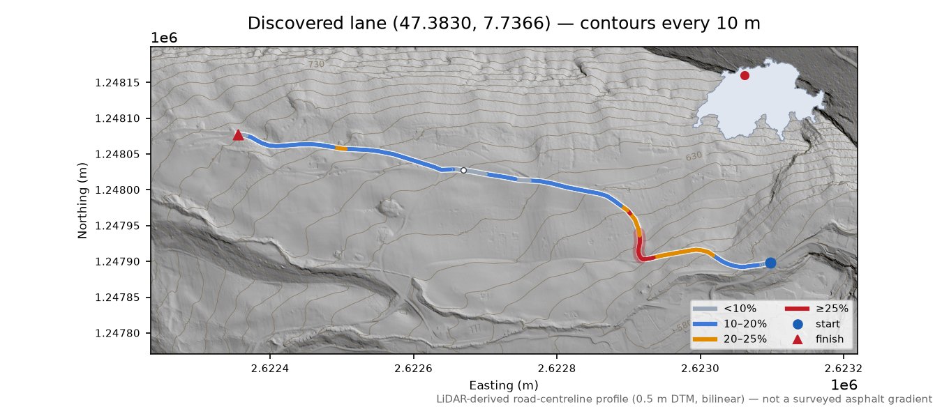 Discovered lane (47.3830, 7.7366) LiDAR hillshade map with contours
