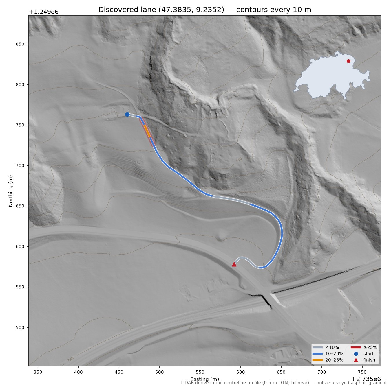 Discovered lane (47.3835, 9.2352) LiDAR hillshade map with contours