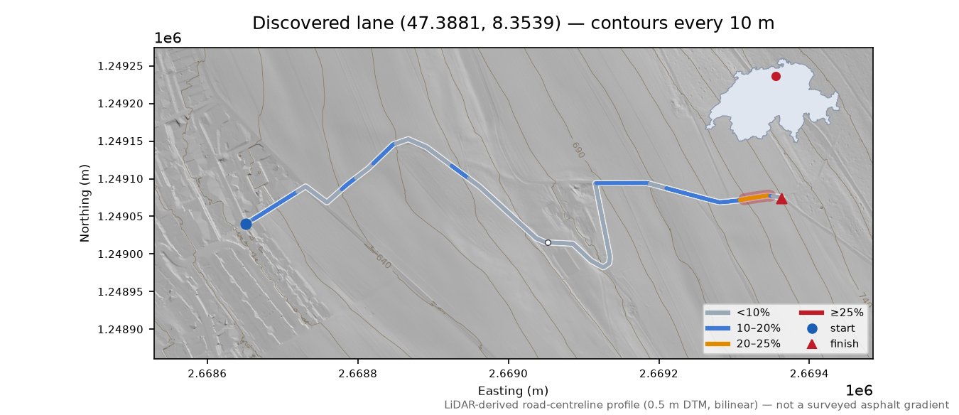Discovered lane (47.3881, 8.3539) LiDAR hillshade map with contours