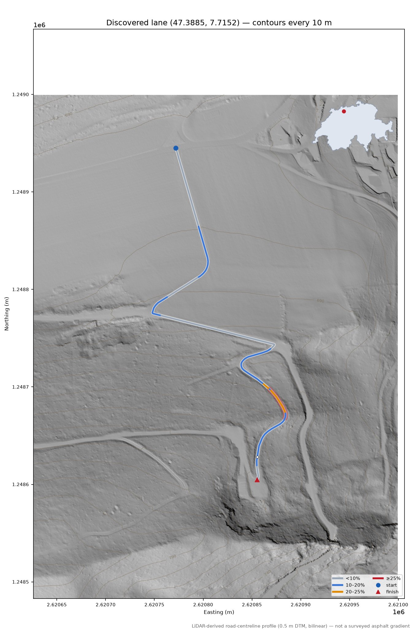 Discovered lane (47.3885, 7.7152) LiDAR hillshade map with contours