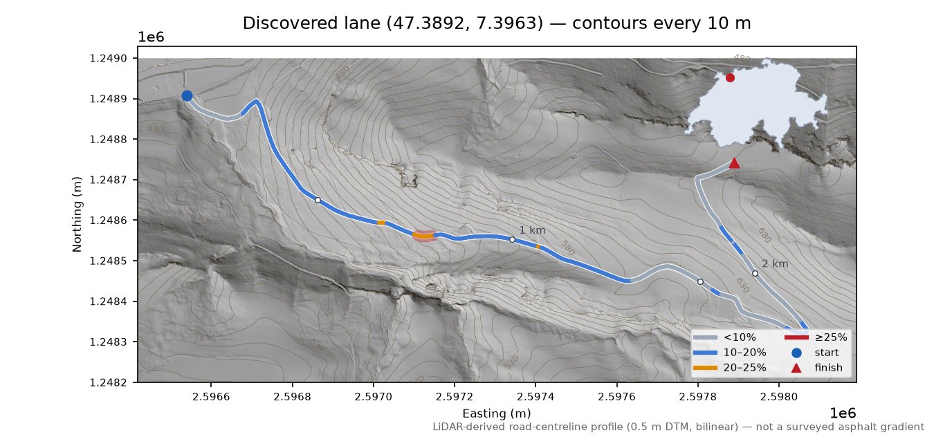 Discovered lane (47.3892, 7.3963) LiDAR hillshade map with contours