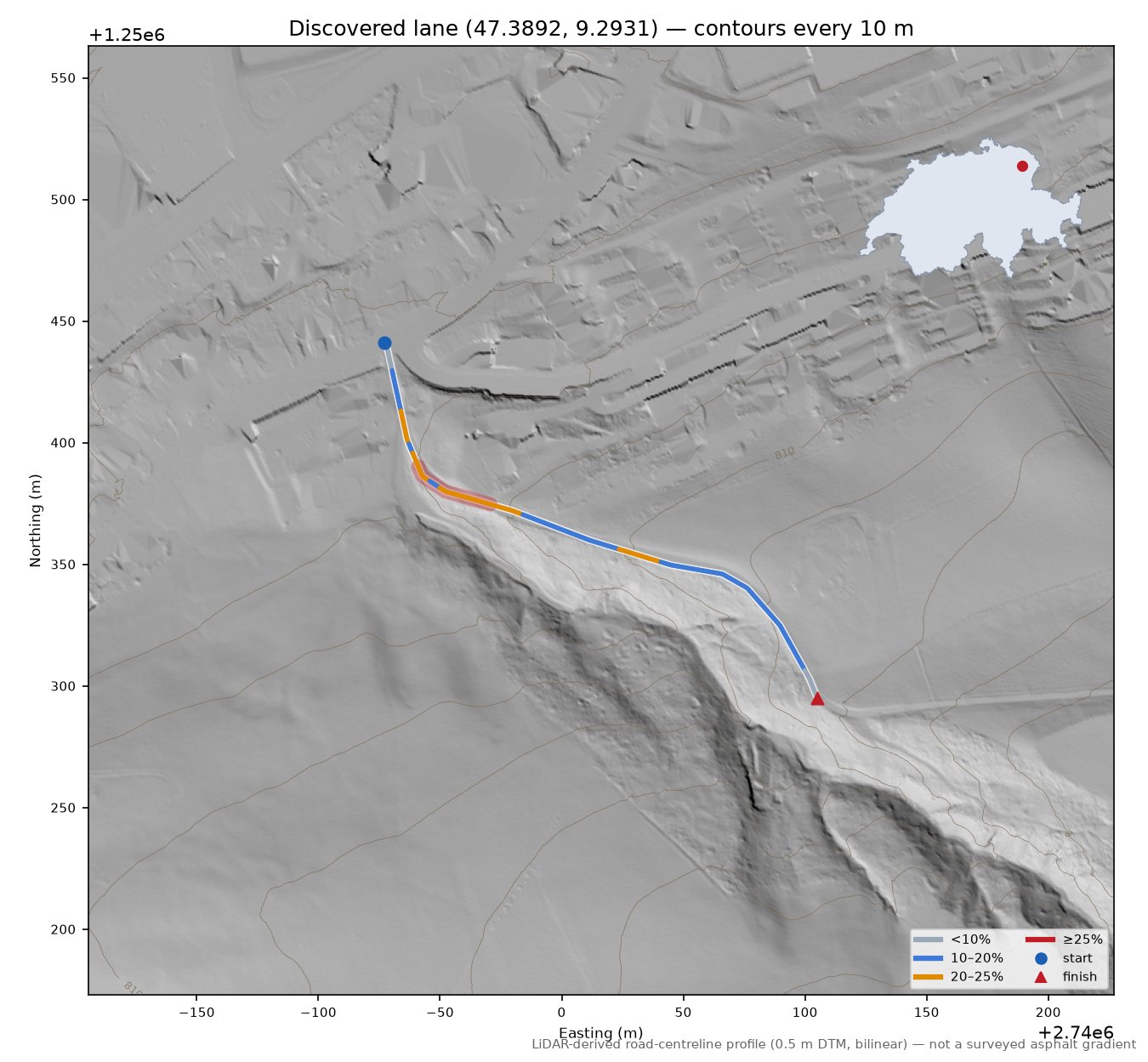 Discovered lane (47.3892, 9.2931) LiDAR hillshade map with contours