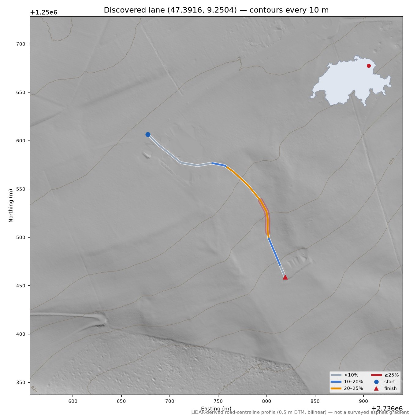 Discovered lane (47.3916, 9.2504) LiDAR hillshade map with contours