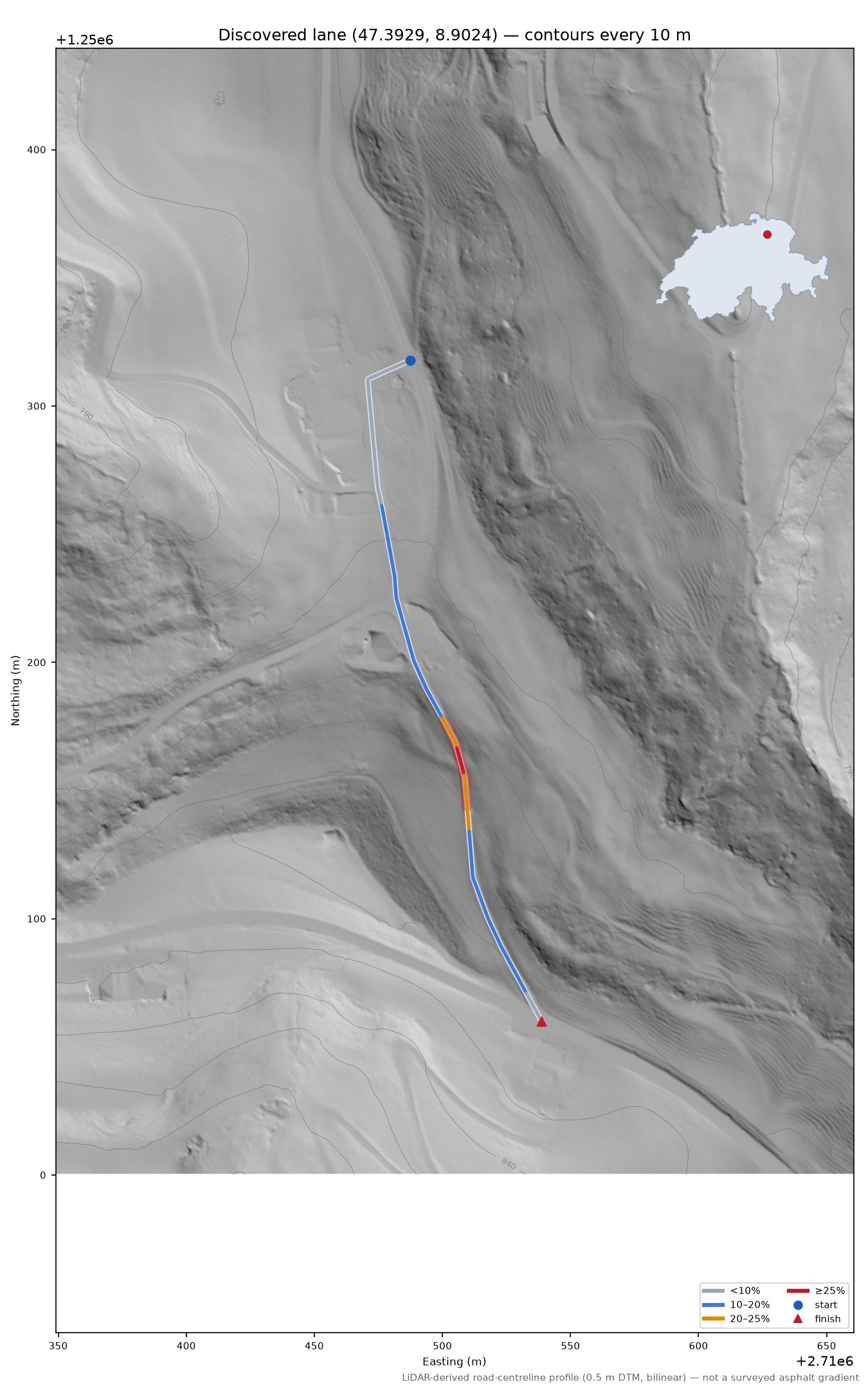 Discovered lane (47.3929, 8.9024) LiDAR hillshade map with contours
