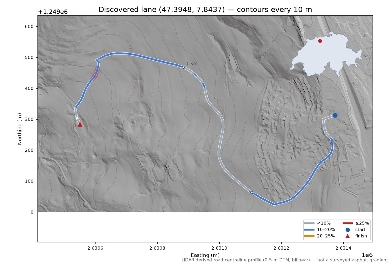 Discovered lane (47.3948, 7.8437) LiDAR hillshade map with contours
