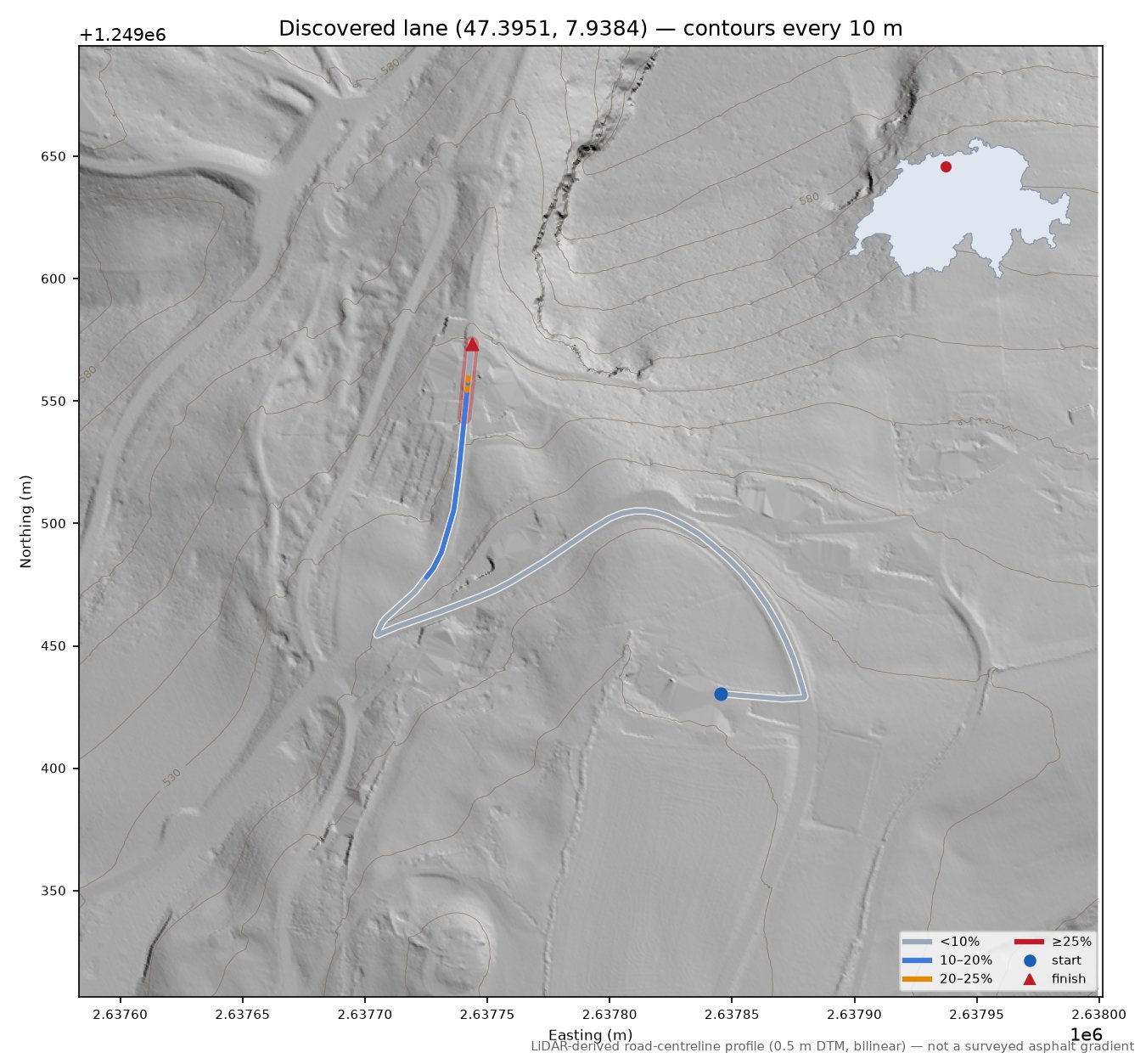 Discovered lane (47.3951, 7.9384) LiDAR hillshade map with contours
