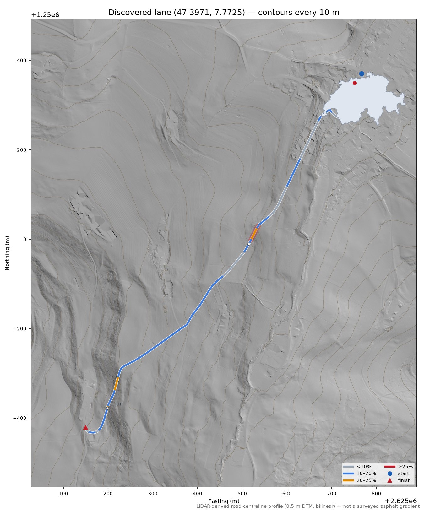 Discovered lane (47.3971, 7.7725) LiDAR hillshade map with contours