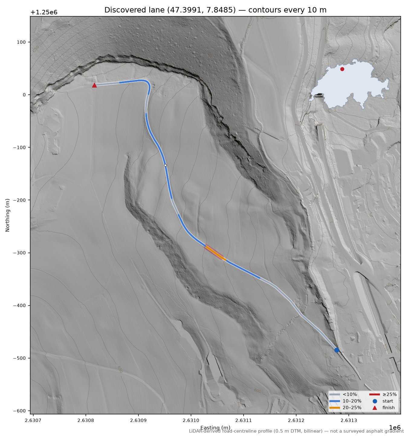 Discovered lane (47.3991, 7.8485) LiDAR hillshade map with contours
