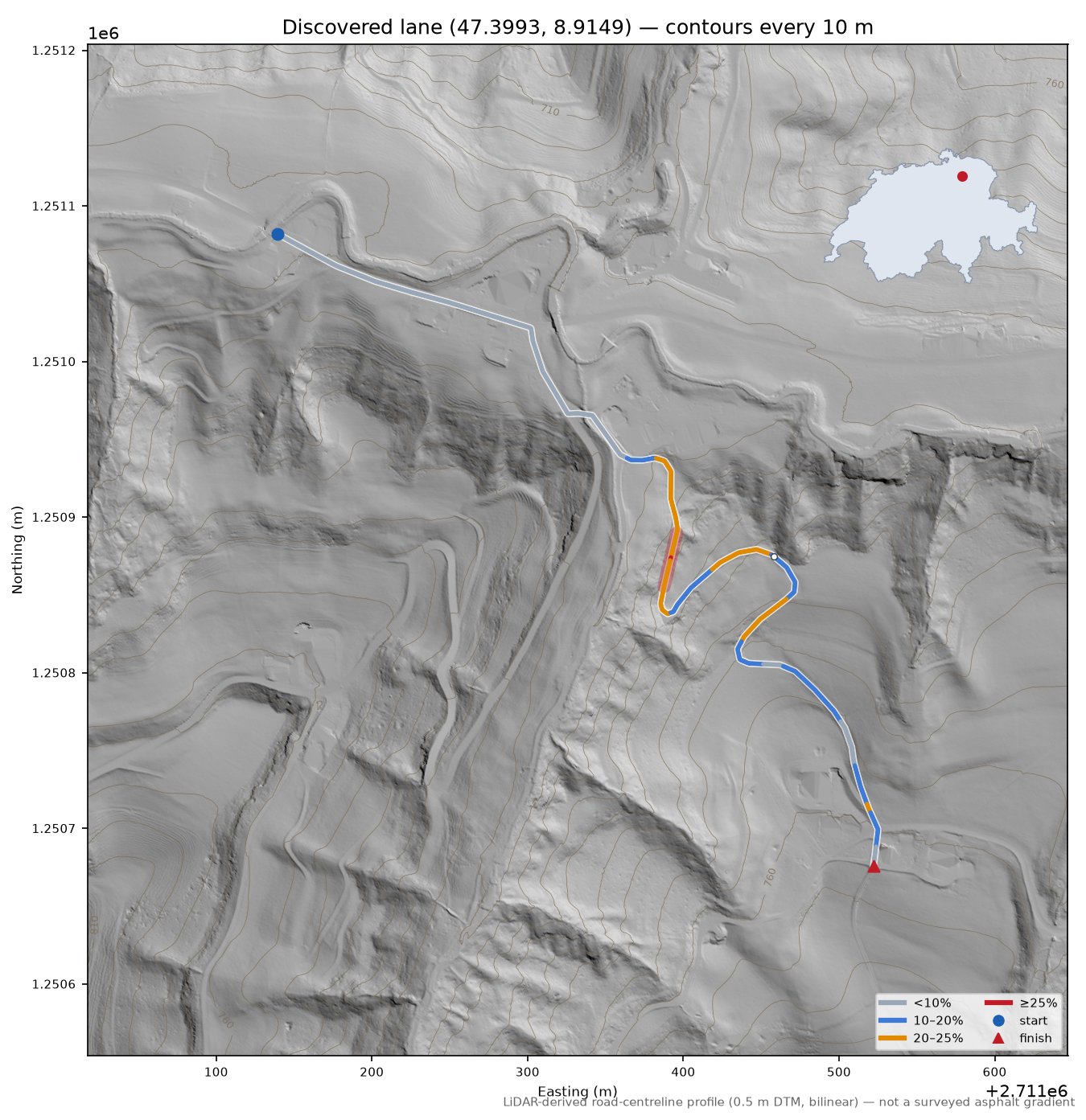 Discovered lane (47.3993, 8.9149) LiDAR hillshade map with contours