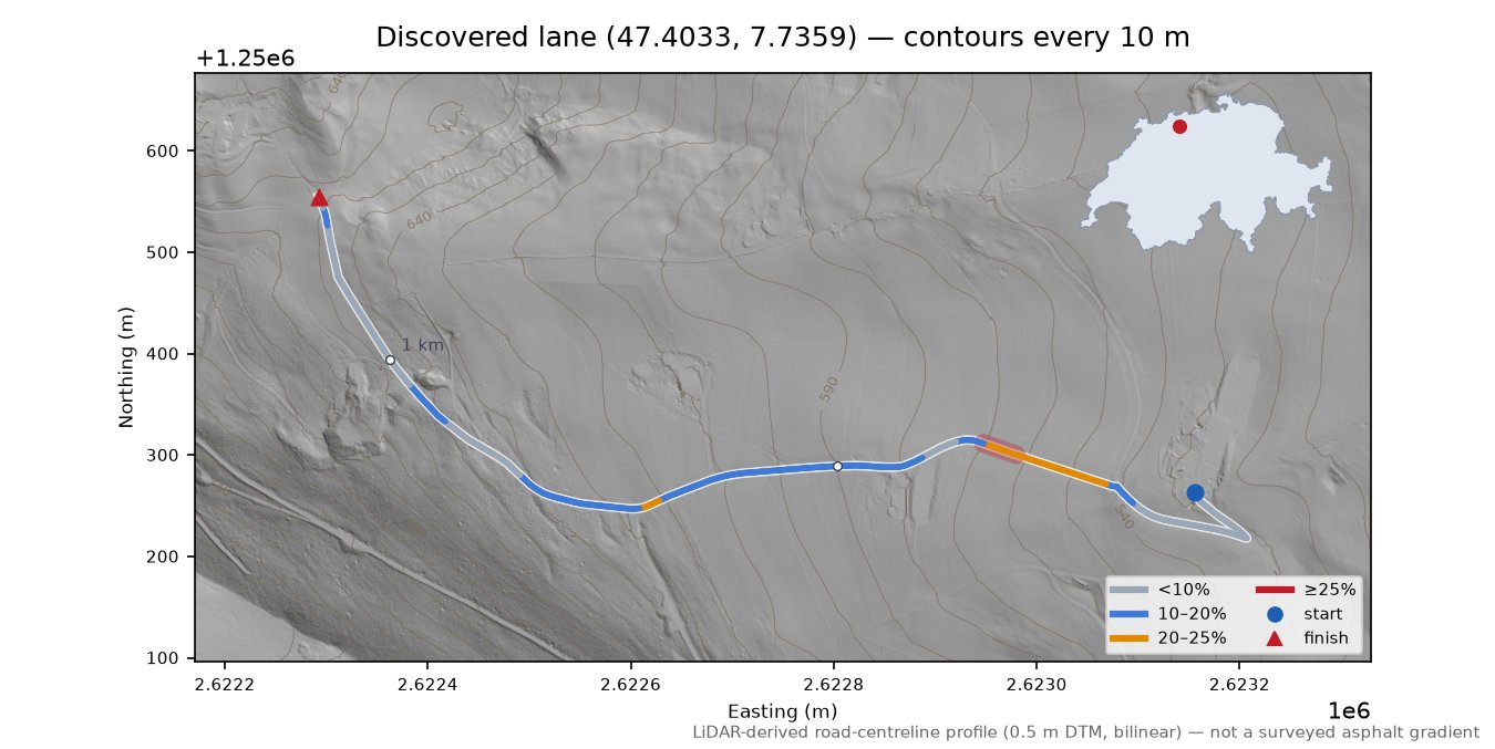 Discovered lane (47.4033, 7.7359) LiDAR hillshade map with contours
