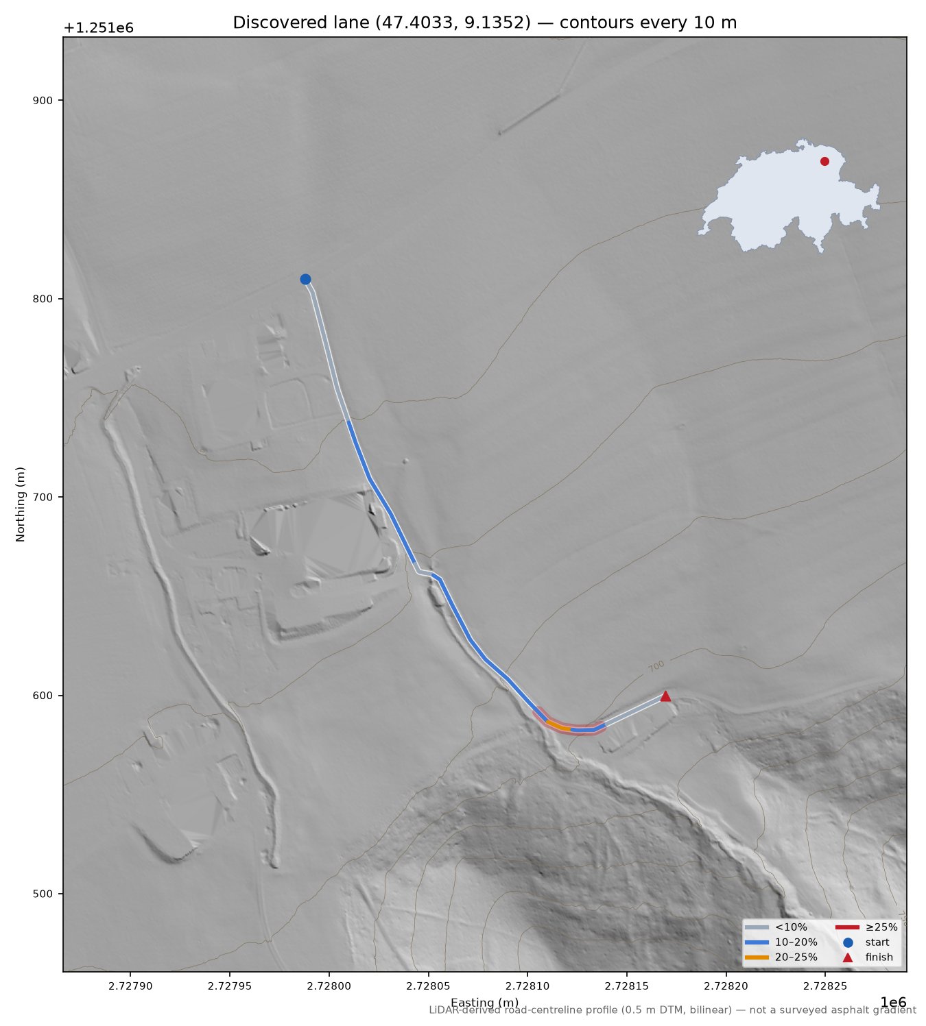 Discovered lane (47.4033, 9.1352) LiDAR hillshade map with contours