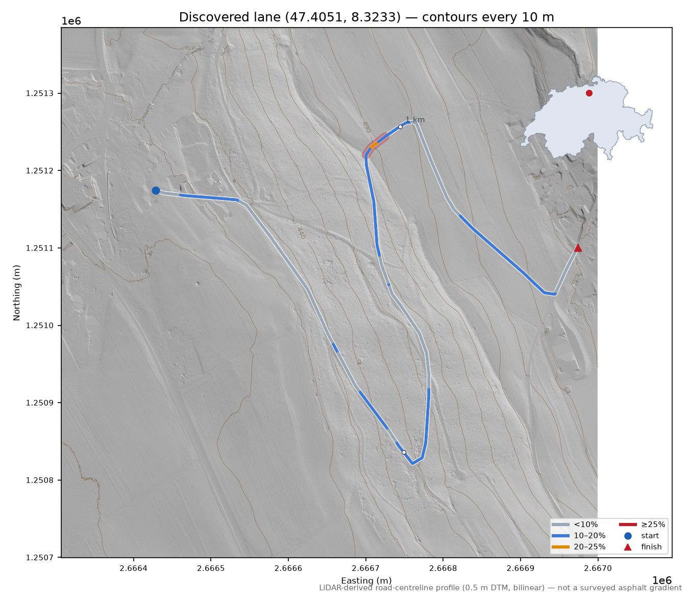 Discovered lane (47.4051, 8.3233) LiDAR hillshade map with contours