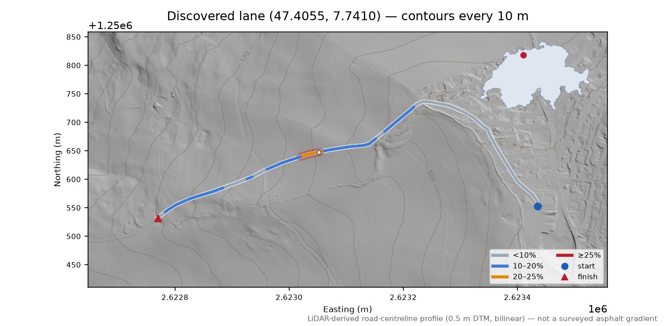 Discovered lane (47.4055, 7.7410) LiDAR hillshade map with contours