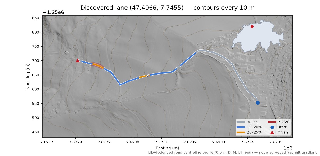 Discovered lane (47.4066, 7.7455) LiDAR hillshade map with contours