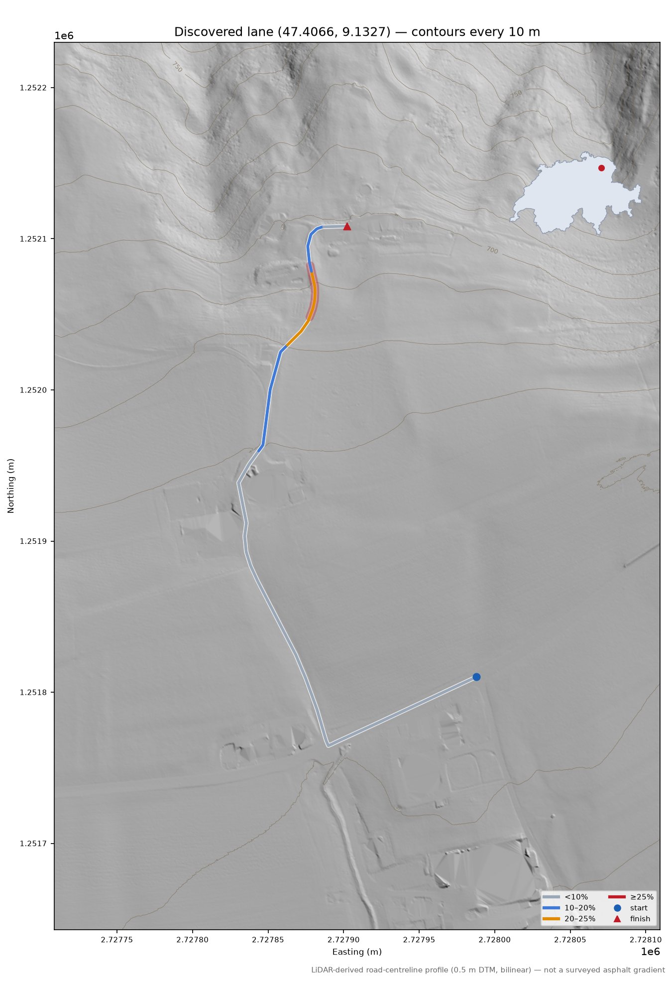 Discovered lane (47.4066, 9.1327) LiDAR hillshade map with contours