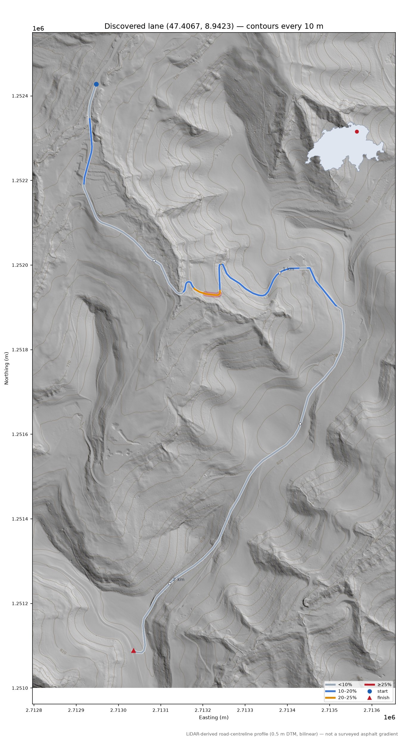Discovered lane (47.4067, 8.9423) LiDAR hillshade map with contours