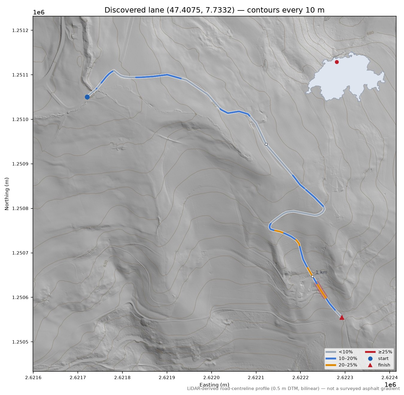 Discovered lane (47.4075, 7.7332) LiDAR hillshade map with contours
