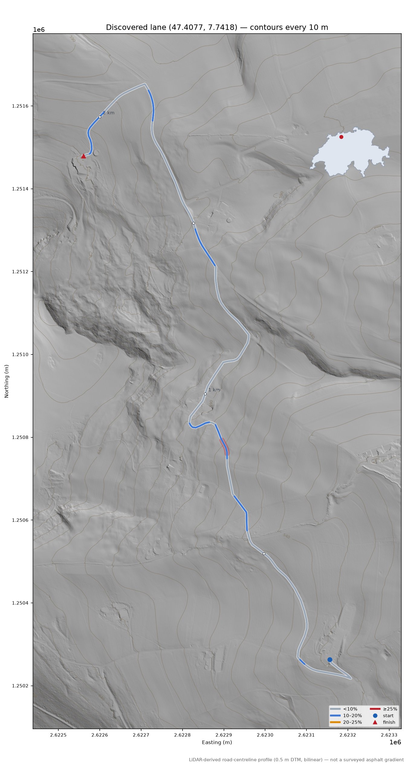 Discovered lane (47.4077, 7.7418) LiDAR hillshade map with contours