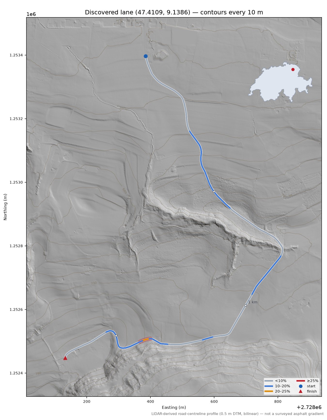 Discovered lane (47.4109, 9.1386) LiDAR hillshade map with contours