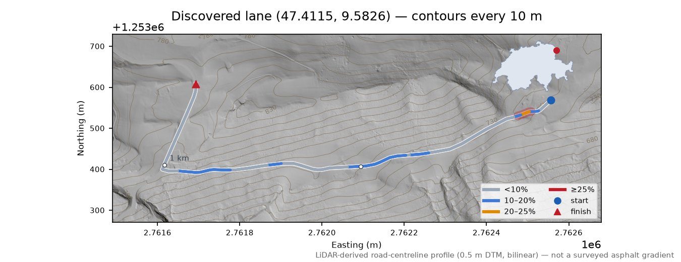 Discovered lane (47.4115, 9.5826) LiDAR hillshade map with contours
