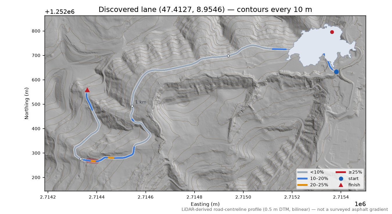 Discovered lane (47.4127, 8.9546) LiDAR hillshade map with contours