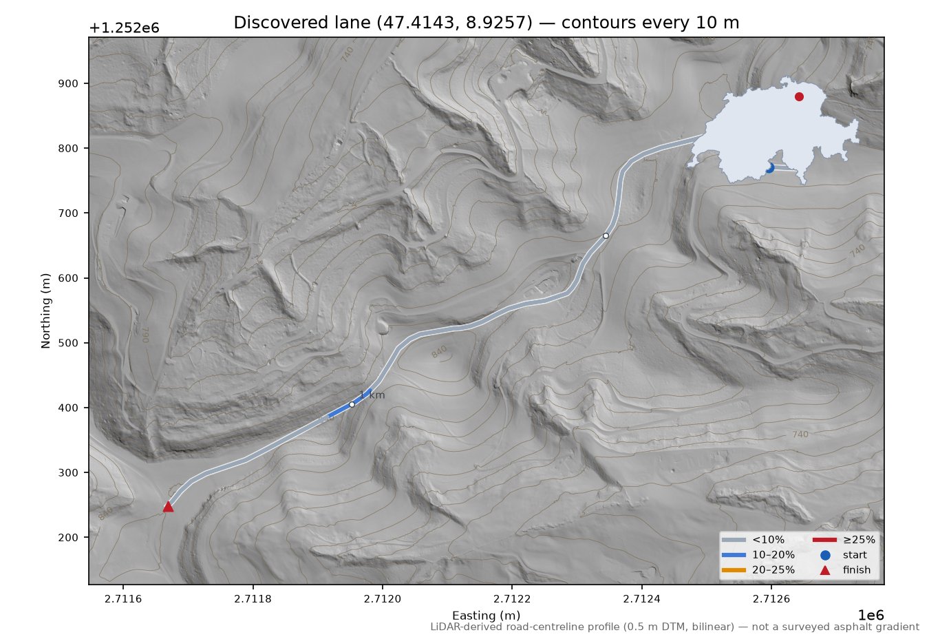 Discovered lane (47.4143, 8.9257) LiDAR hillshade map with contours