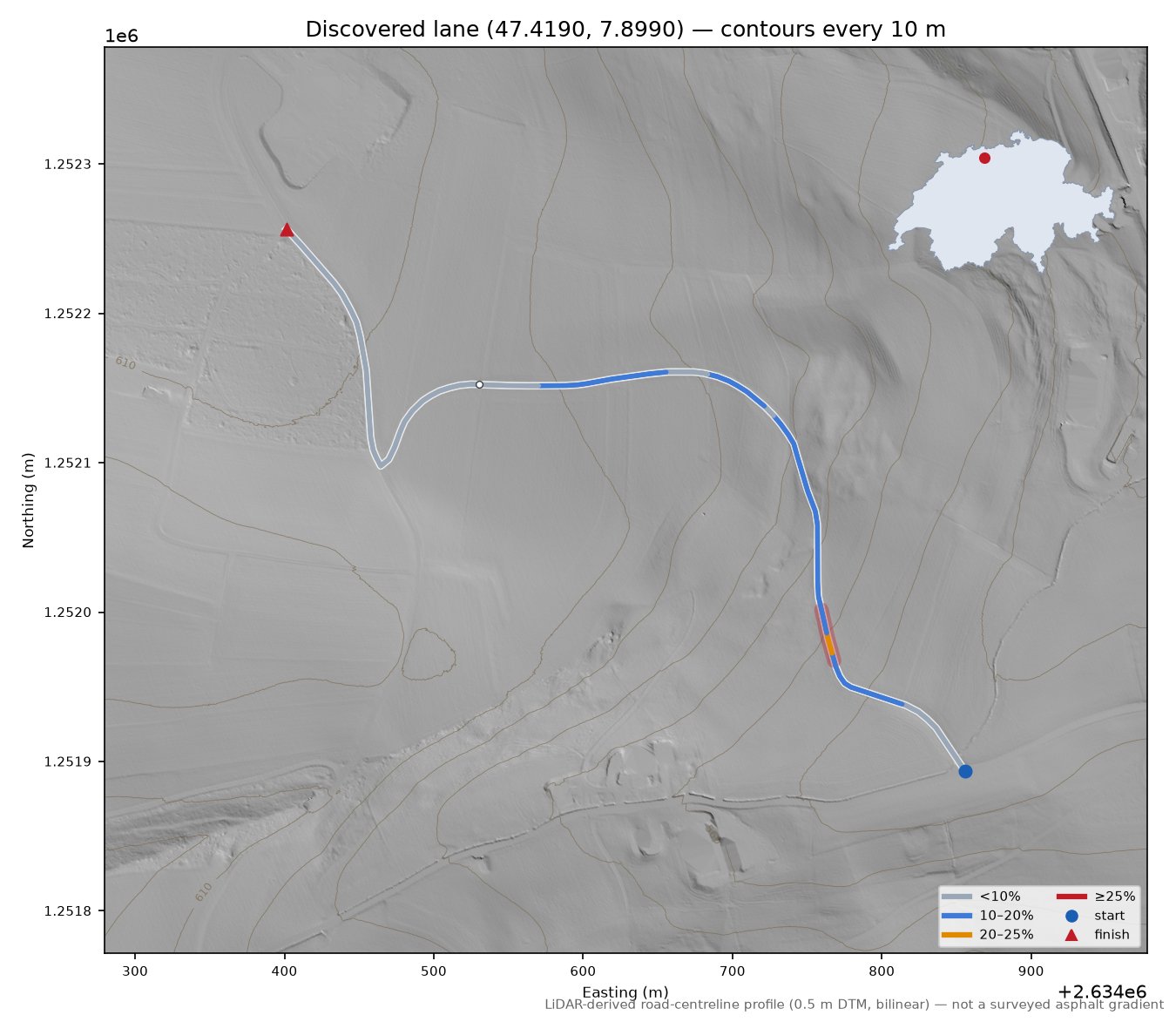 Discovered lane (47.4190, 7.8990) LiDAR hillshade map with contours