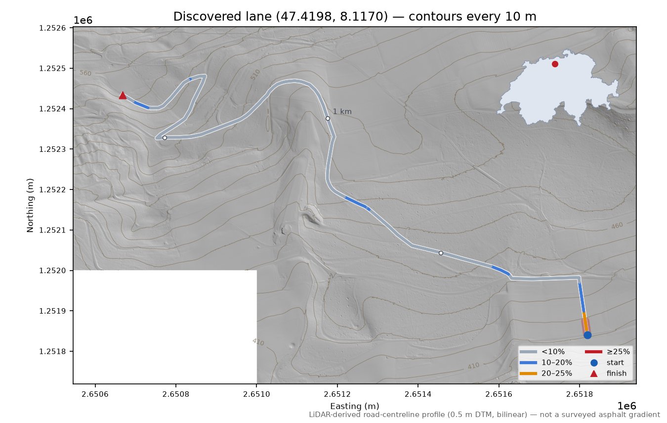 Discovered lane (47.4198, 8.1170) LiDAR hillshade map with contours