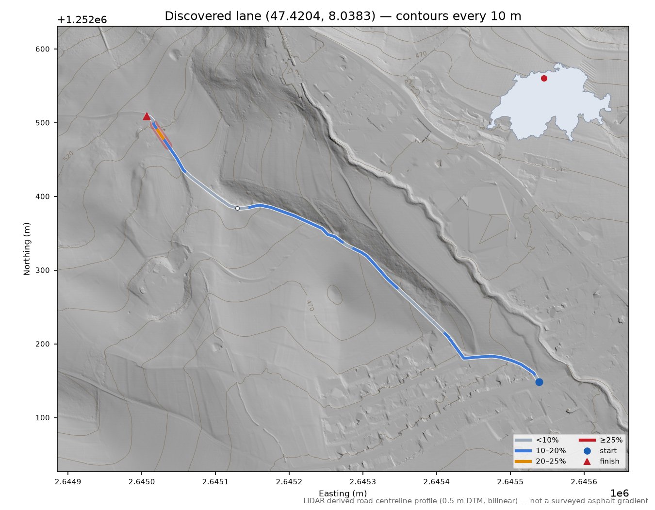 Discovered lane (47.4204, 8.0383) LiDAR hillshade map with contours