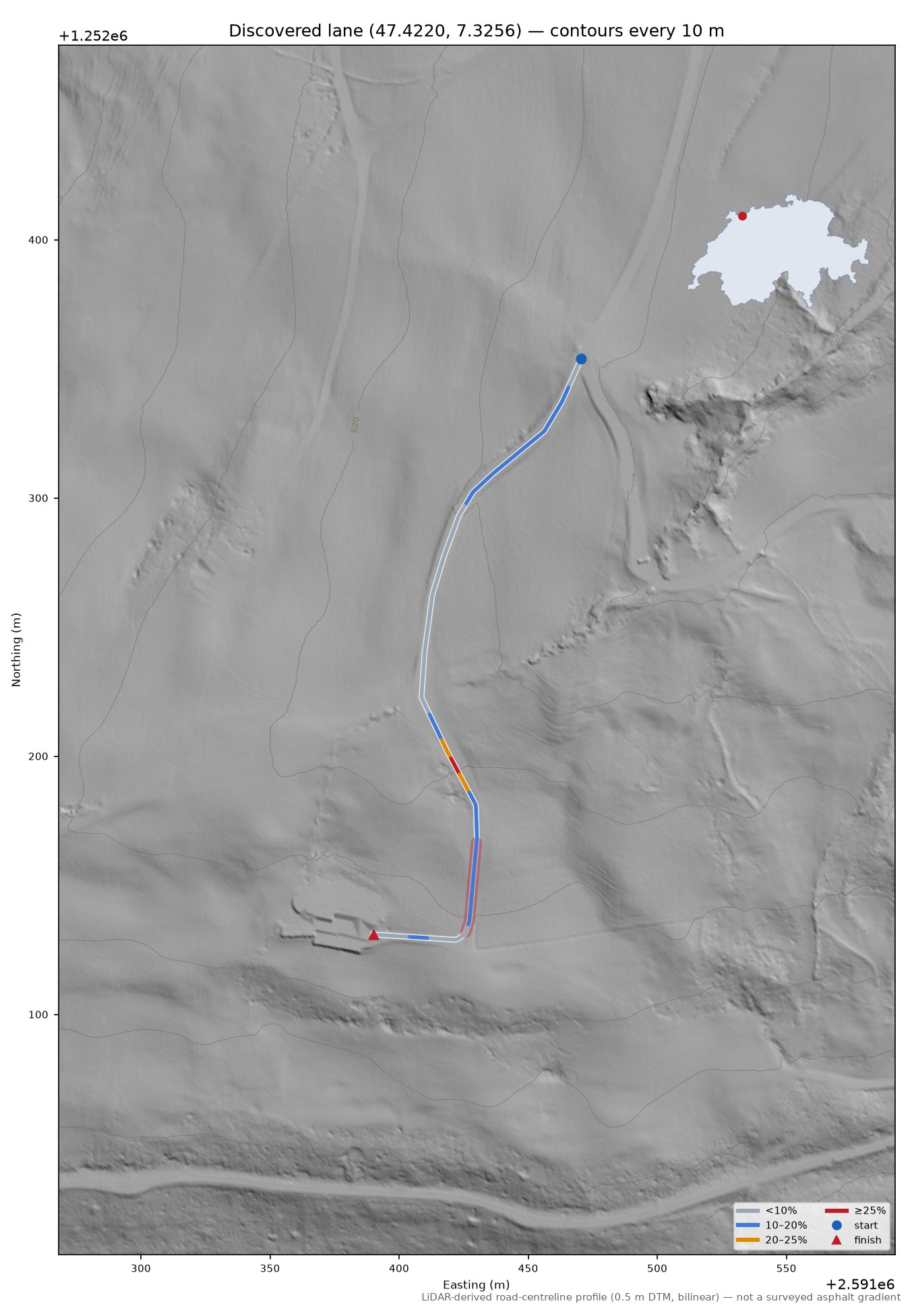 Discovered lane (47.4220, 7.3256) LiDAR hillshade map with contours