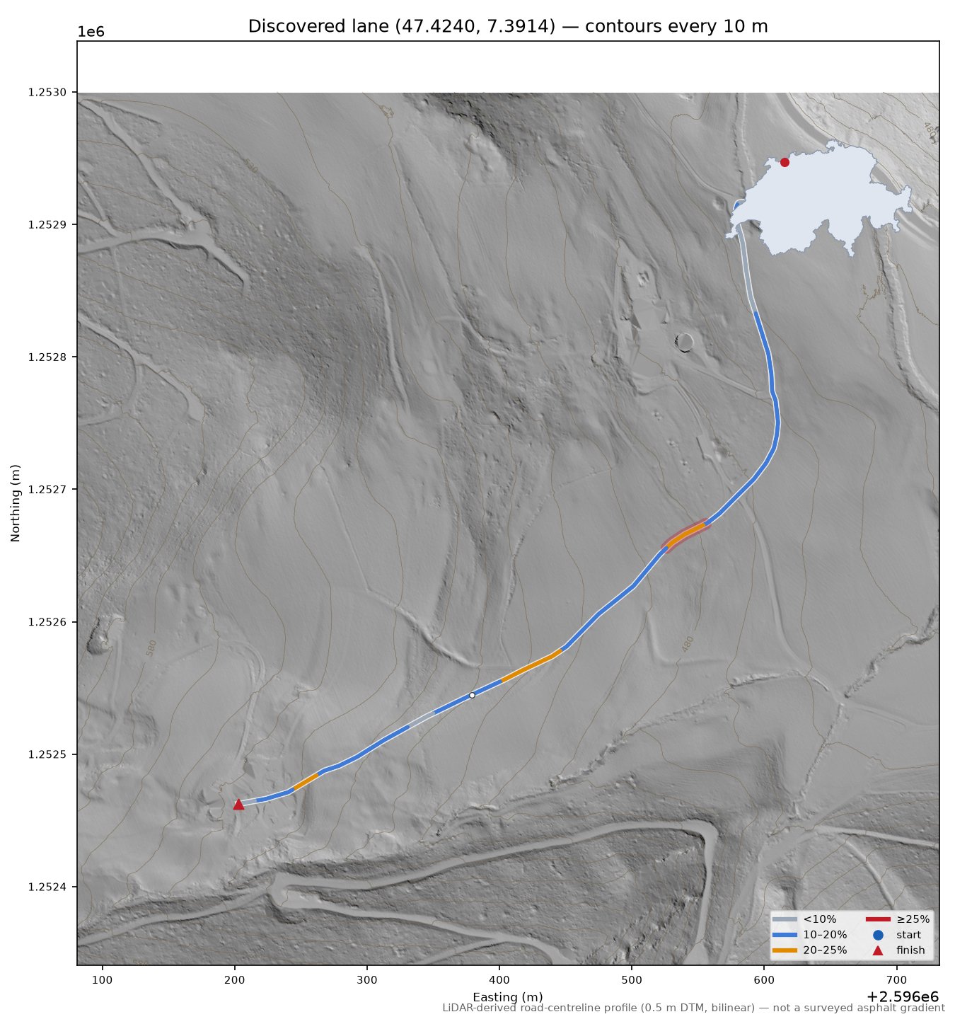 Discovered lane (47.4240, 7.3914) LiDAR hillshade map with contours