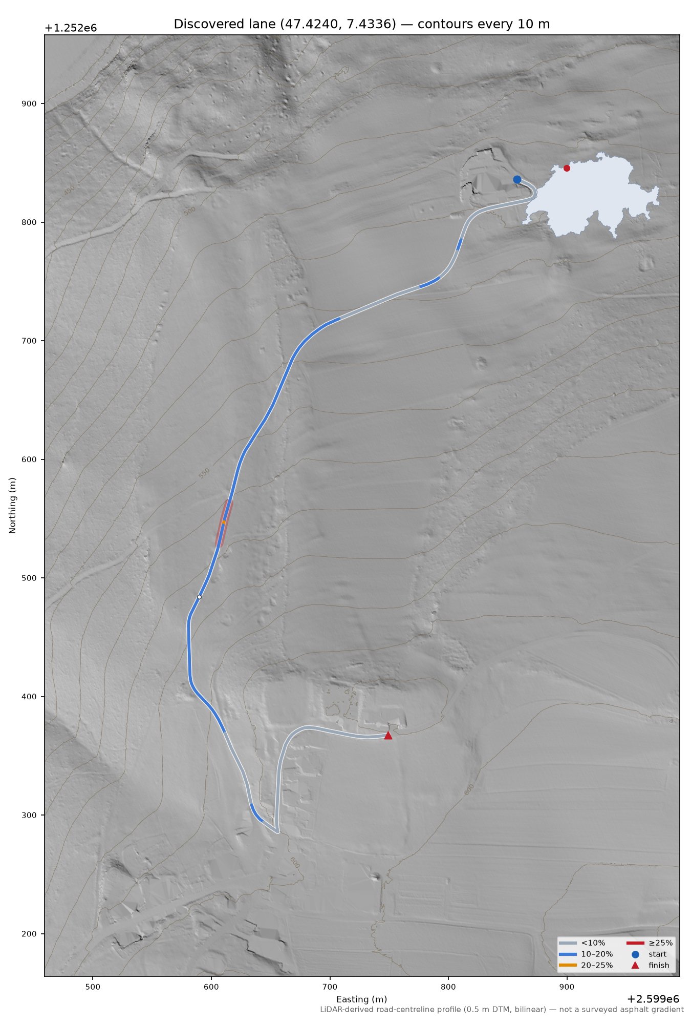 Discovered lane (47.4240, 7.4336) LiDAR hillshade map with contours