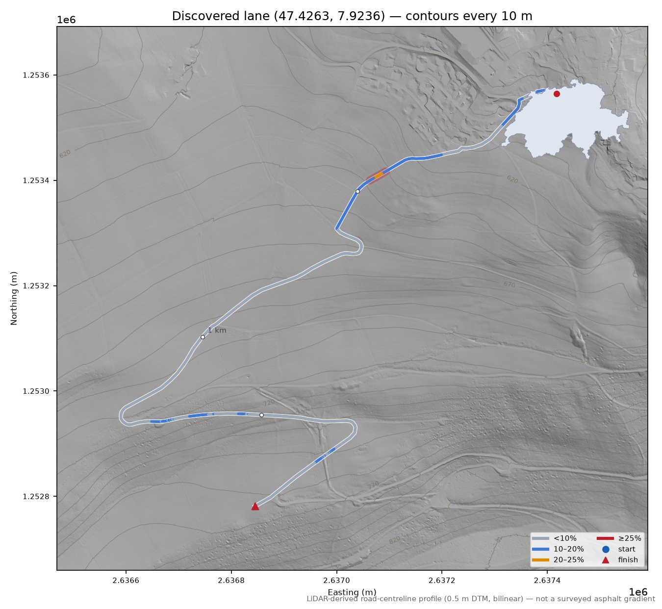 Discovered lane (47.4263, 7.9236) LiDAR hillshade map with contours