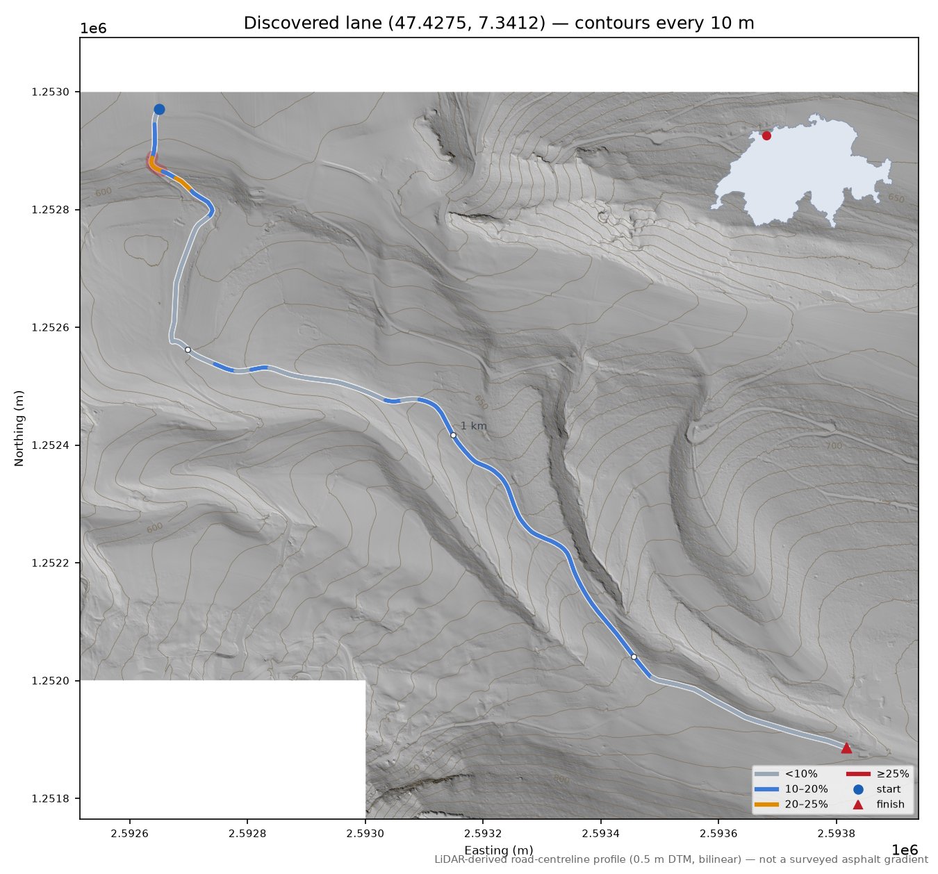 Discovered lane (47.4275, 7.3412) LiDAR hillshade map with contours