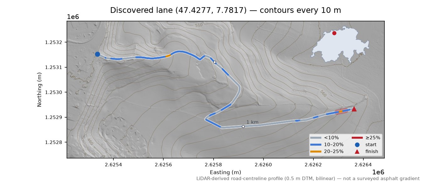 Discovered lane (47.4277, 7.7817) LiDAR hillshade map with contours