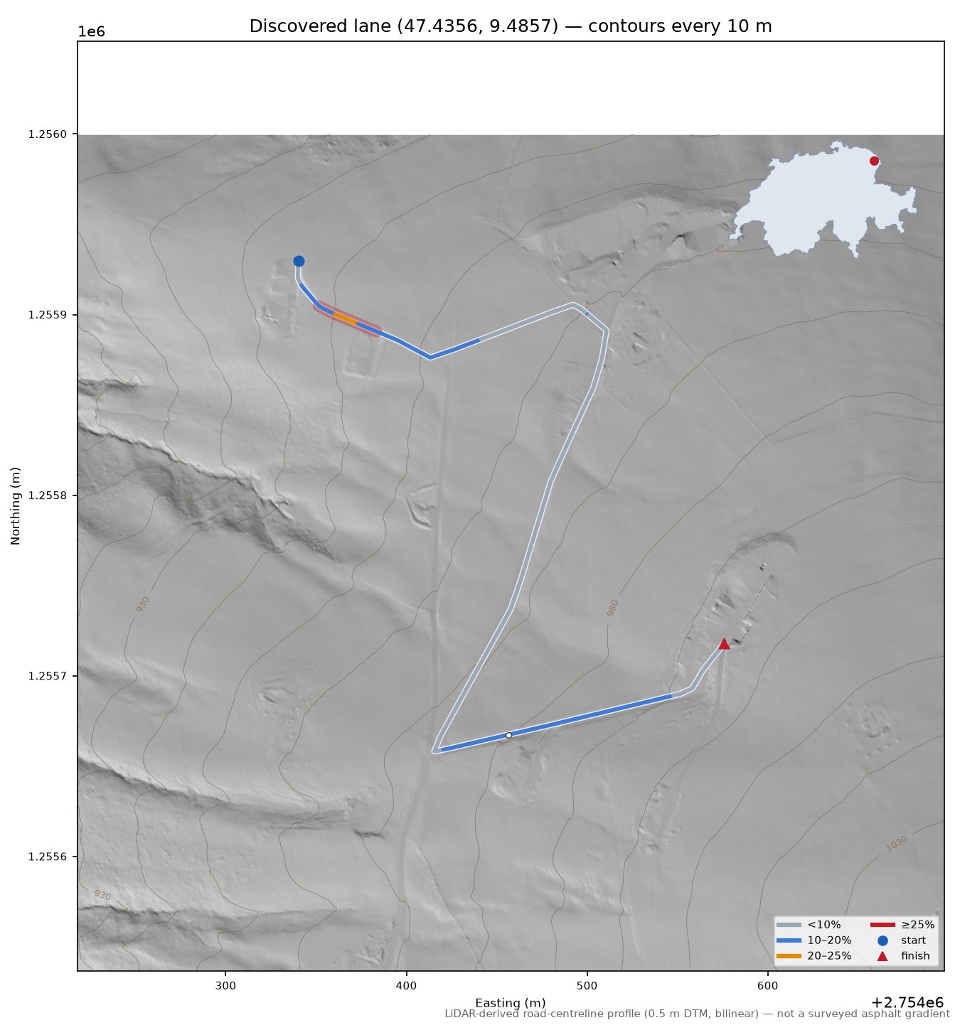 Discovered lane (47.4356, 9.4857) LiDAR hillshade map with contours